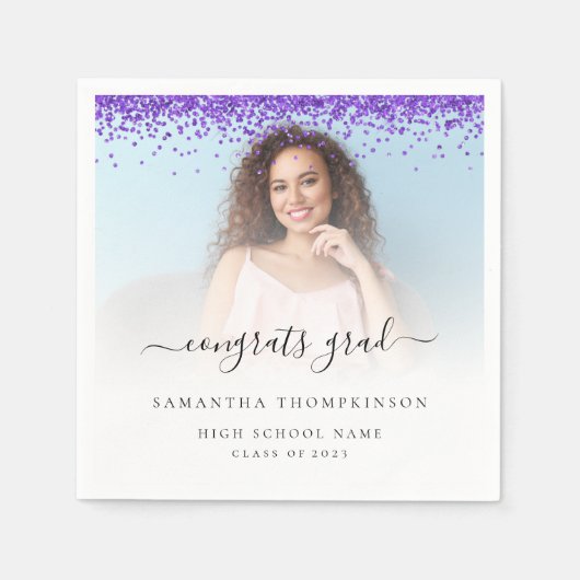 パープルグリッター写真2024おめでとう卒業 スタンダードカクテルナプキン (正面)