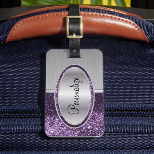 パープルグリッター及び金属ブラシ鋼プリント ラゲッジタグ (正面インサイチュ2)