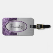 パープルグリッター及び金属ブラシ鋼プリント ラゲッジタグ (正面横)