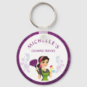 パープルグリッター漫画メイドハウスクリーニングサービス キーホルダー (正面)