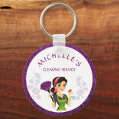 パープルグリッター漫画メイドハウスクリーニングサービス キーホルダー (正面)