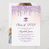 パープルグリッター看護卒業パーティーの招待 招待状 (正面/裏面)