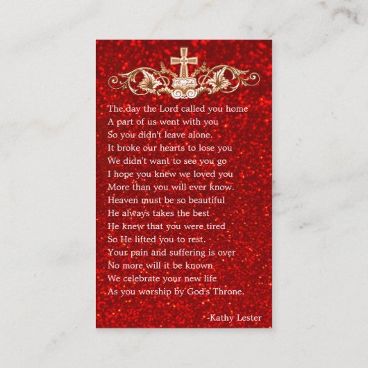 パープルグリッター葬儀記念祈りの言葉フォトカード 名刺 (裏面)