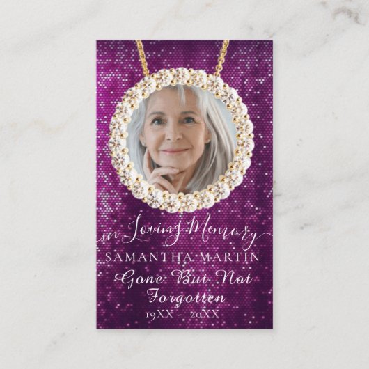 パープルグリッター葬儀記念祈りの言葉フォトカード 名刺 (正面)