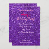 パープルグリッター誕生日の招待 招待状 (正面/裏面)