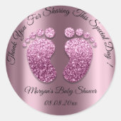 パープルグリッター足ベビーシャワーお願いありがとう ラウンドシール (正面)