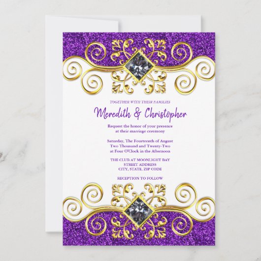 パープルグリッター金ゴールドジェムストーン結婚式招待状 招待状 (正面)