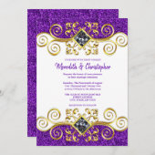 パープルグリッター金ゴールドジェムストーン結婚式招待状 招待状 (正面/裏面)