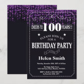 パープルグリッター100歳の誕生日招待状 招待状 (正面/裏面)
