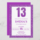 パープルグリッター13番目の誕生日招待状 招待状 (正面/裏面)