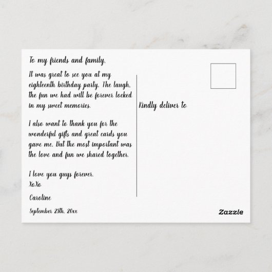 パープルグリッター18誕生日ありがとう ポストカード (裏面)