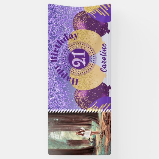 パープルグリッター21歳の誕生日とバルーン 横断幕 (縦)