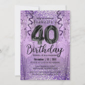 パープルグリッター40歳の誕生日 招待状 (正面)