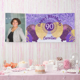 パープルグリッター90th誕生日&バルーンのバナー 横断幕