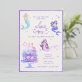 パープルグリッター&ウォーターカラーマーメイド海誕生日 箔招待状 (立ち正面)