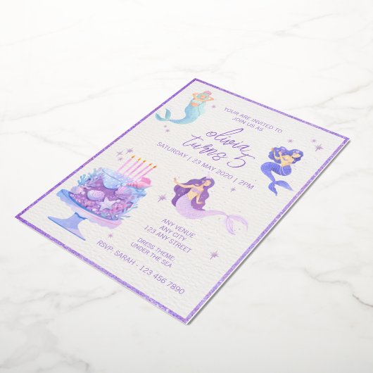 パープルグリッター&ウォーターカラーマーメイド海誕生日 箔招待状 (回転した状態)
