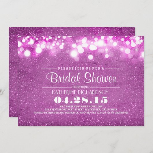 パープルグリッター&ストリングライトブライダルシャワー 招待状 (正面/裏面)
