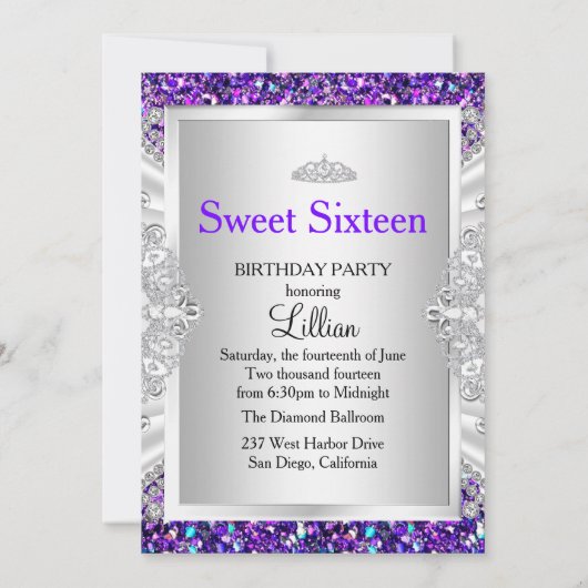 パープルグリッター&ダイアモンドティアラスウィート16 招待状 (裏面)