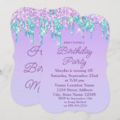 パープルグリッター ドリップ エレガント バースデー インビテーション (正面/裏面)