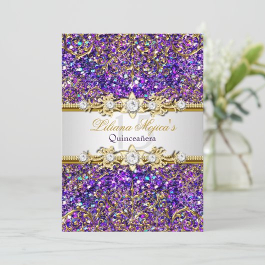 パープルグリッター&金ゴールドダマスクキンセアニェラ招待状 招待状 (スタンド正面)