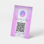 パープルグリッターQRコードカスタムロゴスキャンここに支払う 台座サイン (正面)