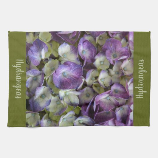 パープルグリーンとクリームアジサイ美しいフローラ キッチンタオル (横)