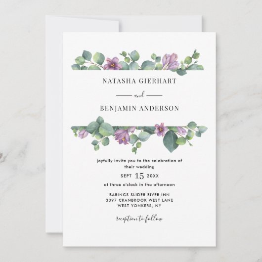 パープルグリーンのユーカリQRコード結婚式 招待状 (正面)