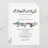 パープルグリーンのユーカリQRコード結婚式 招待状 (正面/裏面)