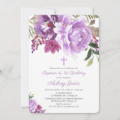 パープルグリーンの花の洗礼　ファーストバースデー 招待状 (正面)