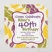 パープルグリーンの葉の40歳の誕生日パーティー招待状 招待状 (正面/裏面)