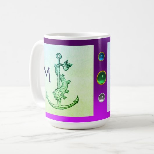 パープルグリーンアンティークいかり、フィッシュモノグラ航海のム コーヒーマグカップ (正面左)