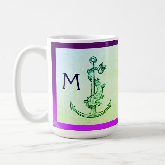 パープルグリーンアンティークいかり、フィッシュモノグラ航海のム コーヒーマグカップ (左)