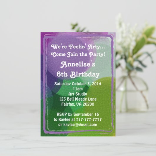 パープルグリーンアート絵を描パーティードット招待状 招待状 (スタンド正面)