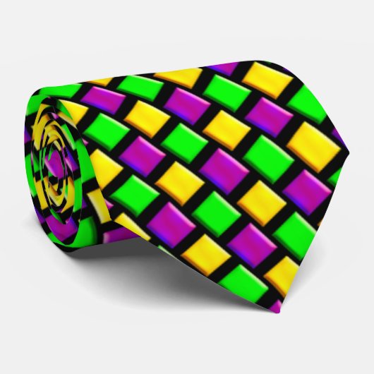 パープルグリーンイエローパターンブラックマルディグラ ネクタイ (ロール)