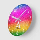 パープルグリーンイエローレインボーユニコーングリッター ラウンド壁時計 (傾斜)