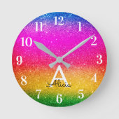 パープルグリーンイエローレインボーユニコーングリッター ラウンド壁時計 (正面)