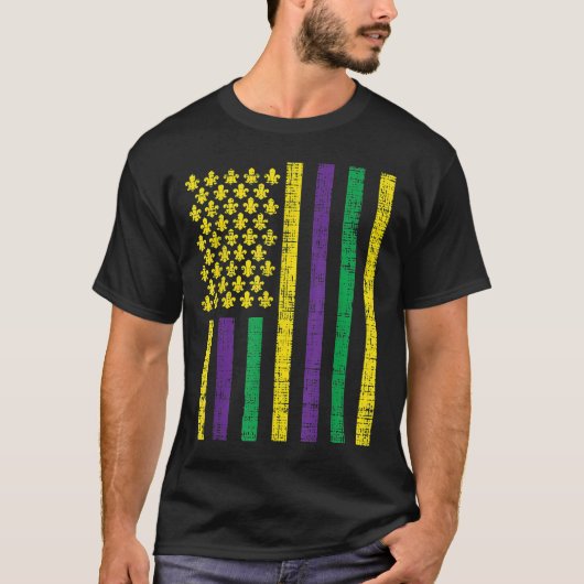 パープルグリーンイエロー米国国旗ジェスターおもしろいマルディグラ Tシャツ (正面)