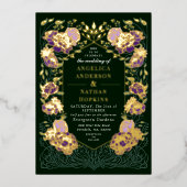 パープルグリーンエンチャントフローラ庭園の結婚式 箔招待状 (正面)