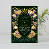 パープルグリーンエンチャントフローラ庭園の結婚式 箔招待状 (立ち正面)