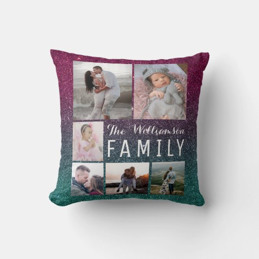 パープルグリーングラデーショングリッターファミリーフォトコラージュ クッション (正面)