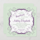 パープルグリーンスクロールフローラバプテスマ招待状 招待状 (正面/裏面)