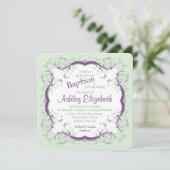パープルグリーンスクロールフローラバプテスマ招待状 招待状 (スタンド正面)
