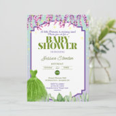 パープルグリーンドレスとピンクベビーシャワー招待状 カード (スタンド正面)