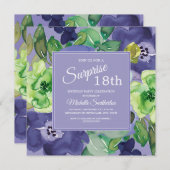 パープルグリーンネイビーウォーター色フローラ18誕生日 招待状 (正面/裏面)