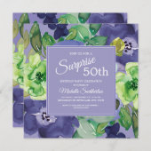 パープルグリーンネイビー水彩フローラ50誕生日 招待状 (正面/裏面)