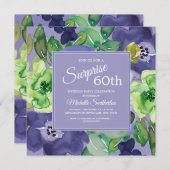 パープルグリーンネイビー水彩フローラ60誕生日 招待状 (正面/裏面)