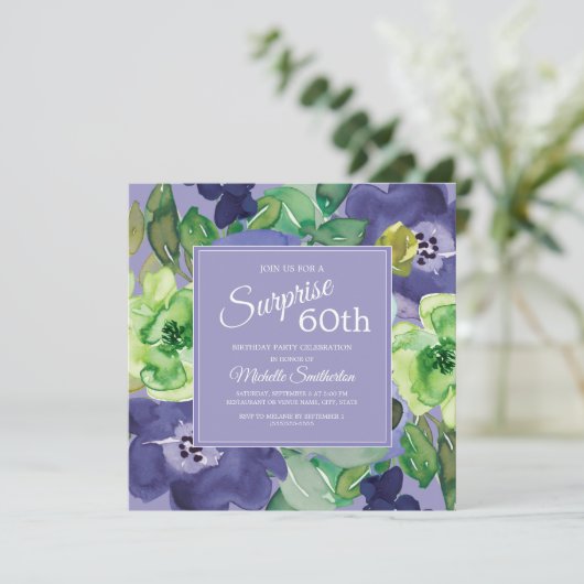 パープルグリーンネイビー水彩フローラ60誕生日 招待状 (スタンド正面)