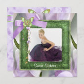 パープルグリーンバタフライ写真スイート16パーティー 招待状 (正面/裏面)