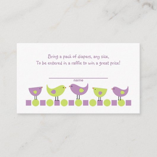 パープルグリーンバードおむつラッフルチケットまたはインサート エンクロージャーカード (正面)