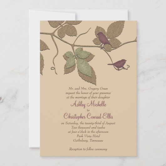 パープルグリーンバード葉ズ秋の結婚式招待状 招待状 (正面)